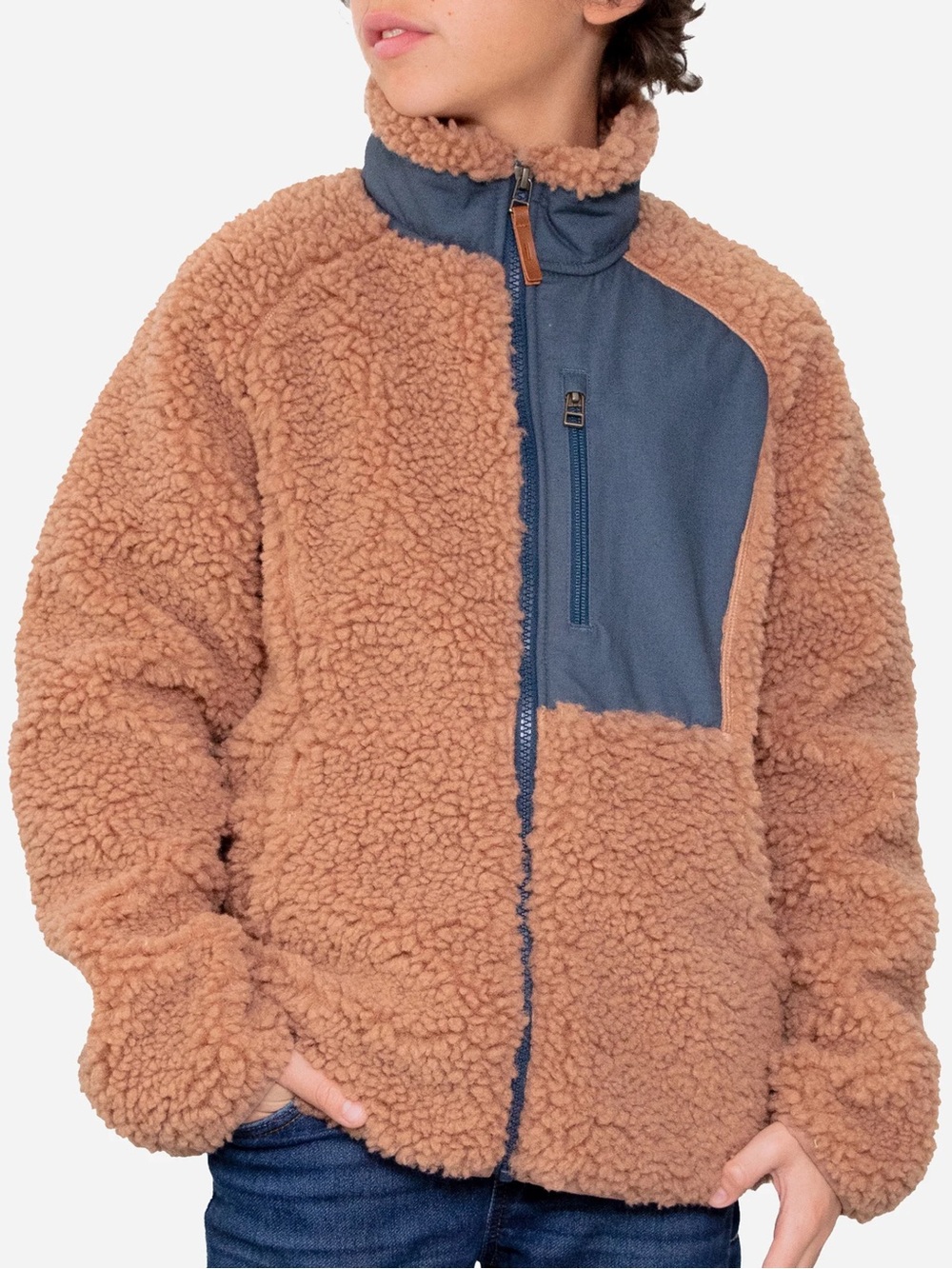 Obermeyer Boys’ Landry Saddle Brown Fleece Sherpa Zip-Front Jacket—M